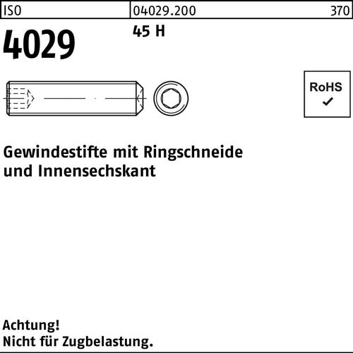 Gewindestift ISO 4029 Ringschneide/Innen-6kt M4x 30 45 H 200 Stück - VPE: 200