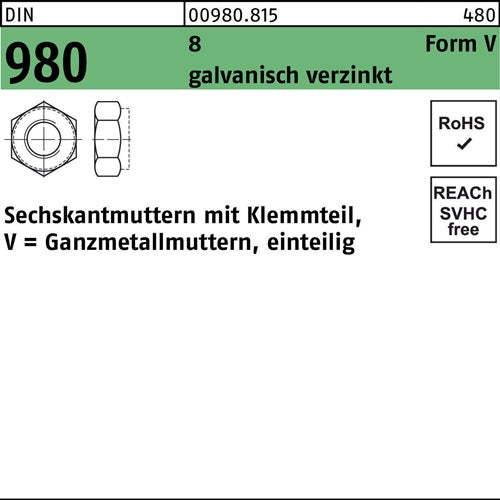 Sechskantmutter DIN 980 mKlemmteil VM 5 8 galvanisch verzinkt 100 Stück
