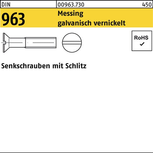 Senkschraube DIN 963 Schlitz M 4 x 30 Messing galvanisch vernickelt 200 Stück