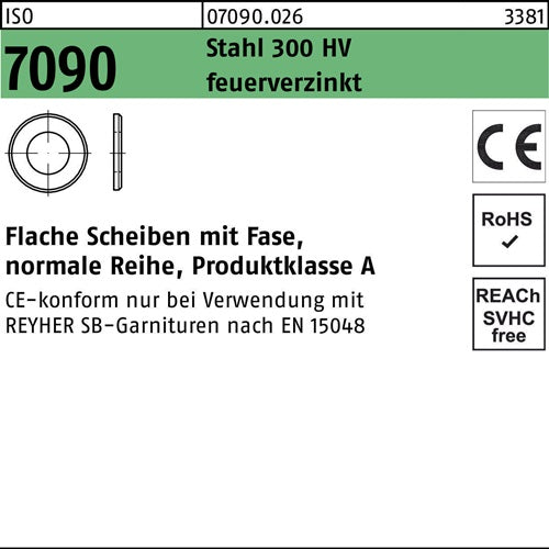 Unterlegscheibe ISO 7090 mFase 20 Stahl 300 HV feuerverz 100 Stück - VPE: 100