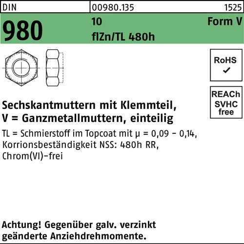 Sechskantmutter DIN 980 mKlemmteil VM 8 10 zinkbesch Gleitmittel flZnnc 480h-L 500 Stück
