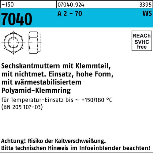 Sechskantmutter ISO 7040 Klemmteil M8 A 2 - 70 brauner Ring 500 Stück - VPE: 500