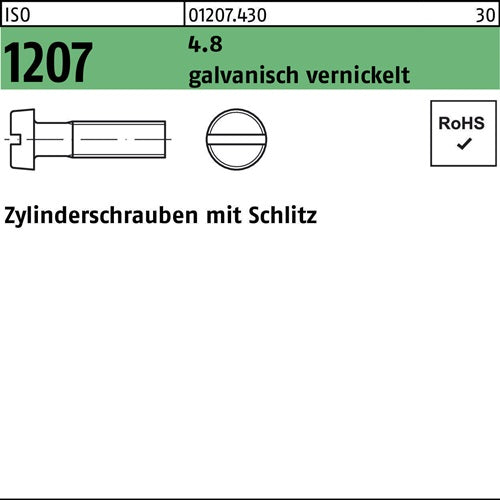 Zylinderschraube ISO 1207 mSchlitz M 4 x 16 48 galvanisch vernickelt 2000 Stück
