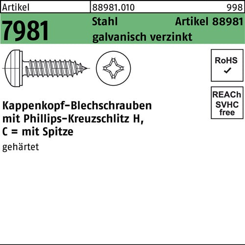 Kappenkopfblechschraube R 88981 PH 39x25-H Stahl galvverz 500St - VPE: 500