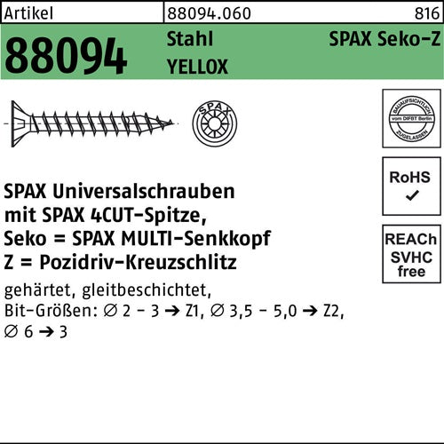 Schraube R 88094 SEKO Spitze/PZ 35x20/15-Z Stahl galvverz gelb 200St SPAX - VPE: 200