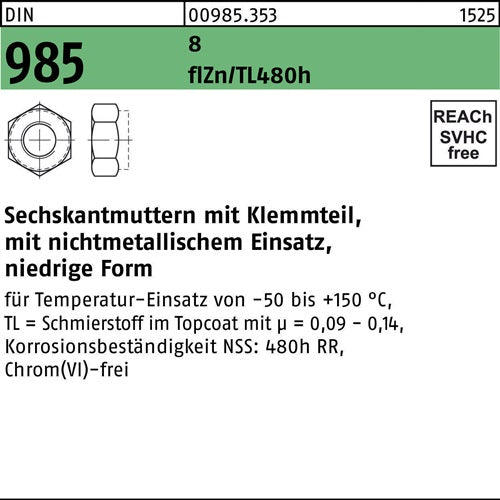 Sechskantmutter DIN 985 mKlemmteil M 6 8 zinklamellenbes Gleitm flZnnc 480h-L 1000 Stück