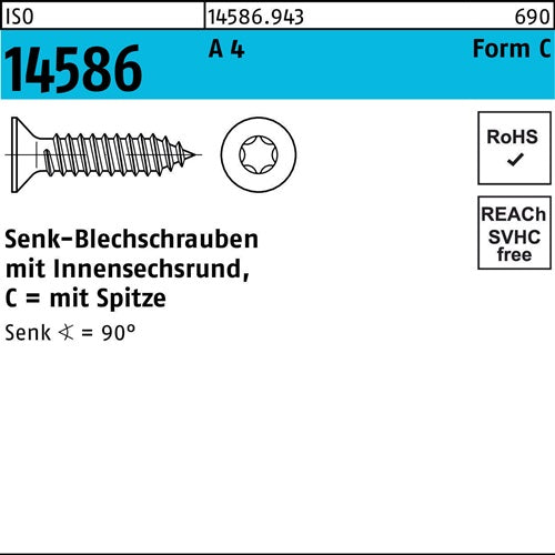 Senkblechschraube ISO 14586 mInnensechsrund/Spitze 42 x 25 -T20 A 4 500 Stück