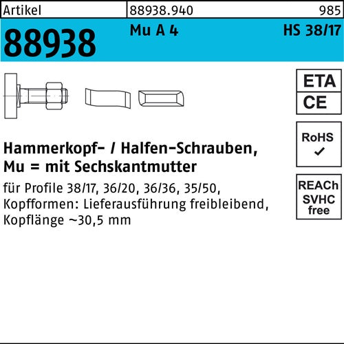 Hammerkopfschraube R 88938 38/17 6-ktmutter M16x 30 MuA 4 10St HALFEN - VPE: 10