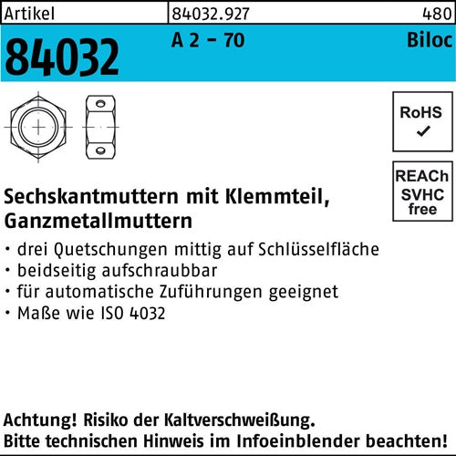Sechskantmutter R 84032 Biloc Klemmteil M6 A 2 - 70 1000 Stück - VPE: 1000