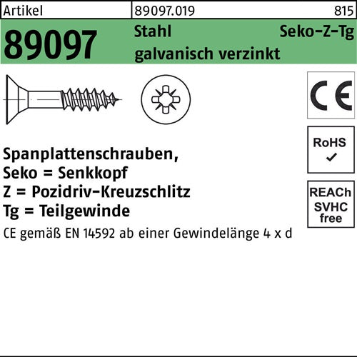 Spanplattenschraube R 89097 SEKO PZ TG 6x200/70-Z Stahl galvverz 100St - VPE: 100