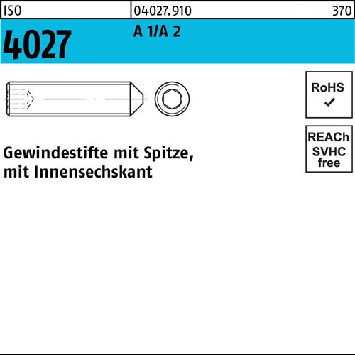 Gewindestift ISO 4027 Spitze/Innen-6kt M3x 3 A 2 500 Stück - VPE: 500