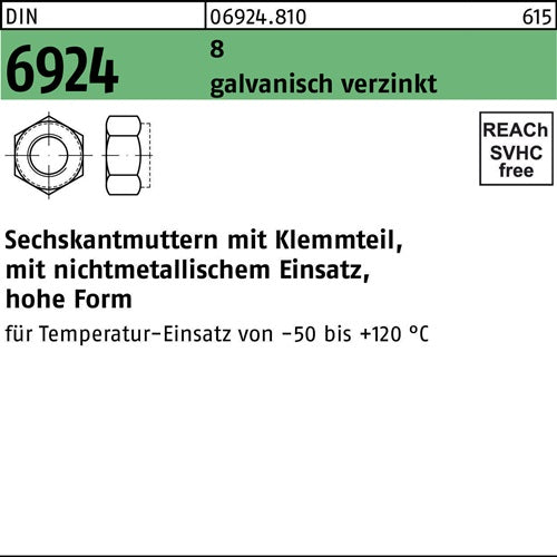 Sechskantmutter DIN 6924 Klemmteil M10 8 galvverz 100 Stück - VPE: 100