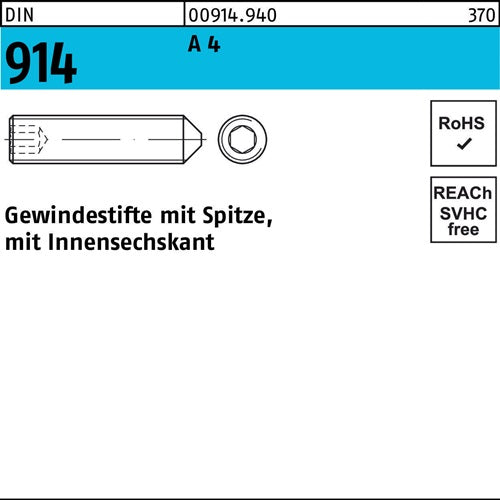 Gewindestift DIN 914 Spitze/Innen-6kt M16x 30 A 4 10 Stück - VPE: 10