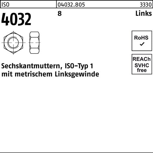 Sechskantmutter ISO 4032 links M8 -LH 8 100 Stück - VPE: 100