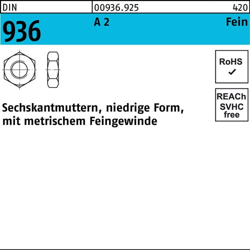 Sechskantmutter DIN 936 M 20 x 15 A 2 10 Stück