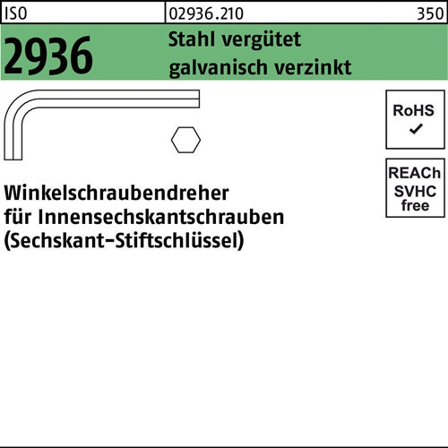Winkelschraubendreher ISO 2936 Innen-6-kant SW 6 Stahl vergütet galvanisch verzinkt 50 Stück