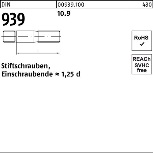 Stiftschraube DIN 939 M 16 x 35 109 Einschraubende=125d 25 Stück