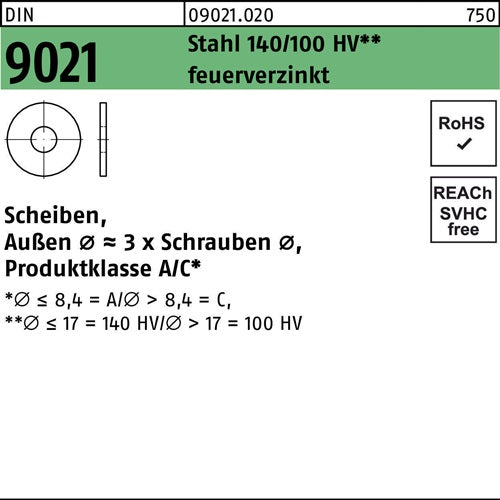 Unterlegscheibe DIN 9021 84x24x2 Stahl 140/100 HV feuerverz 500 Stück - VPE: 500