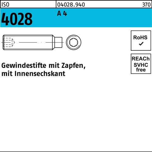 Gewindestift ISO 4028 Zapfen/Innen-6kt M8x 16 A 4 200 Stück - VPE: 200