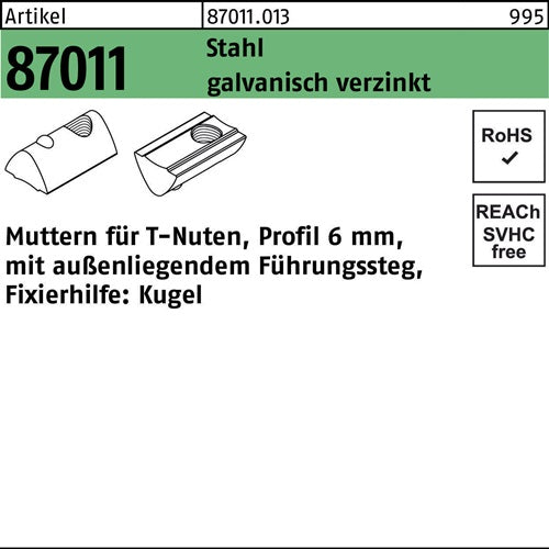 T-Nutenmutter R 87011 mFührungssteg außen 6mm M 5 Stahl galvanisch verzinkt 100 Stück