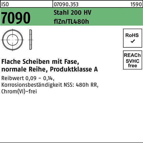 Unterlegscheibe ISO 7090 mFase 6 St 200 HV zinkb Gleitm flZnnc 480h-L 1000St - VPE: 1000