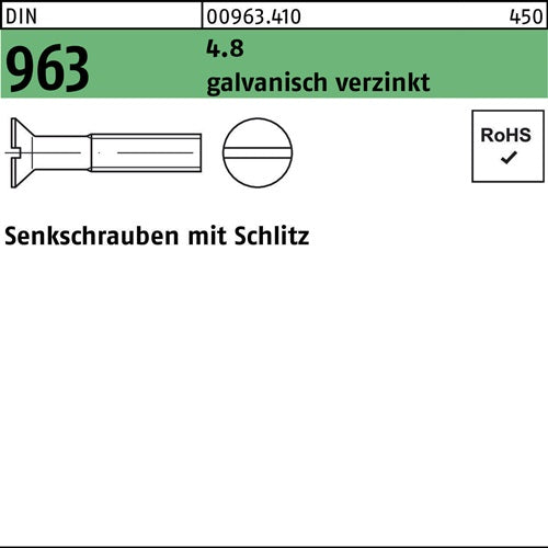 Senkschraube DIN 963 Schlitz M 25 x 6 48 galvanisch verzinkt 200 Stück