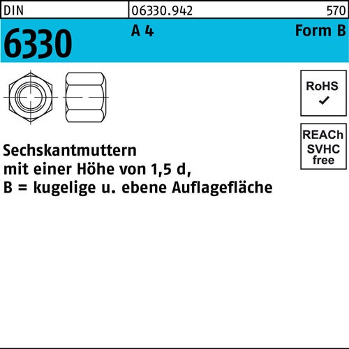 Sechskantmutter DIN 6330 FormB BM 8 SW 13 A 4 25 Stück - VPE: 25