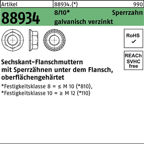 Sechskantflanschmutter R 88934 Sperrzahn M12 10 galvverz 100 Stück - VPE: 100