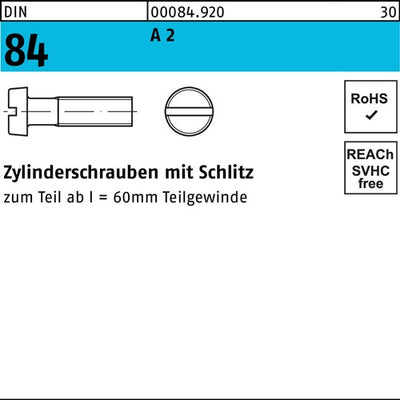 Zylinderschraube DIN 84/ISO 1207 Schlitz M 12 x 5 A 2 2000 Stück