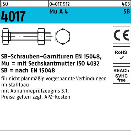Sechskantschraube ISO 4017 VG Mutter M24x 65 A 4-70 SB 10 Stück - VPE: 10
