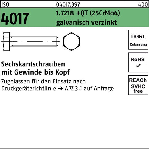 Sechskantschraube ISO 4017 VG M 20 x 65 17218 +QT (25CrMo4) galvanisch verzinkt 25 Stück BUFAB