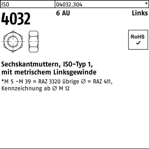 Sechskantmutter ISO 4032 links M27 6 Automatenstahl 10 Stück - VPE: 10