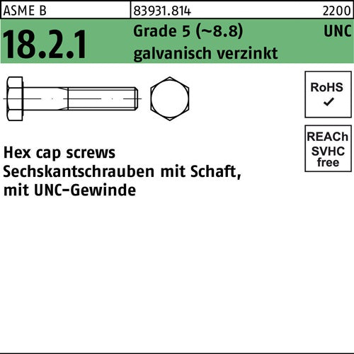 Sechskantschraube R 83931 UNC/Schaft 1/4x1 3/4 Grade 5 (~88) galvverz 100St - VPE: 100