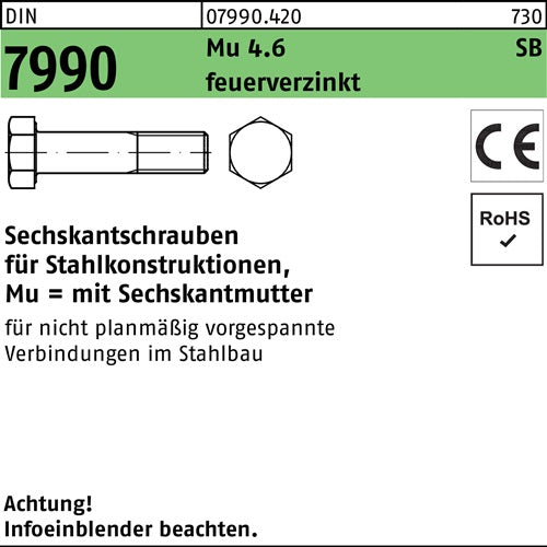 Sechskantschraube DIN 7990 CE Sechskantmutter M16x85 46 feuerverz 25St - VPE: 25