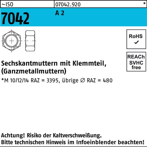 Sechskantmutter ISO 7042 Klemmteil M3 A 2 1000 Stück - VPE: 1000