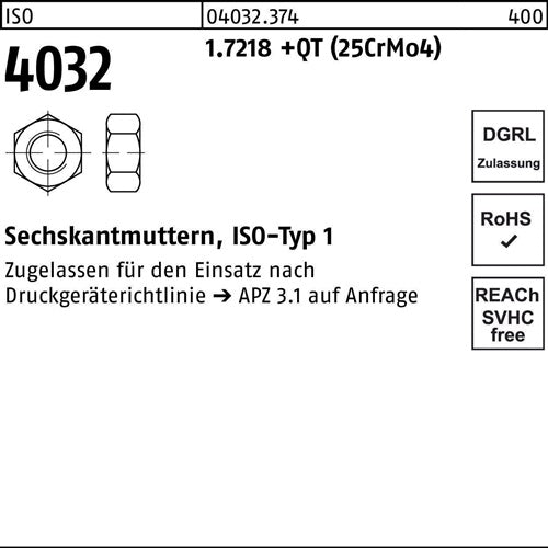 Sechskantmutter ISO 4032 M12 17218 +QT (25CrMo4) 100 Stück - VPE: 100
