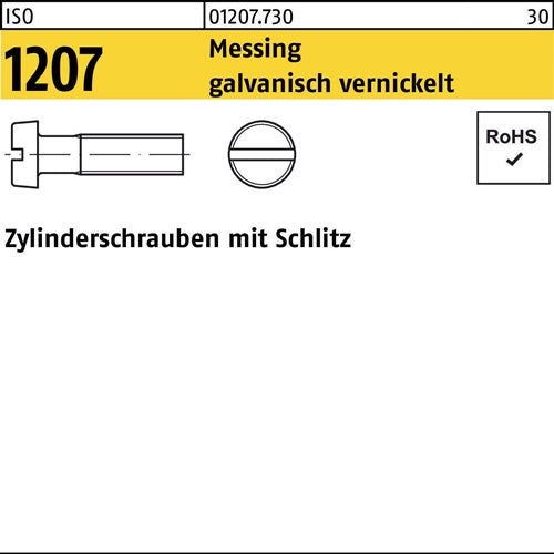 Zylinderschraube ISO 1207 mSchlitz M 4 x 40 Messing galvanisch vernickelt 200 Stück
