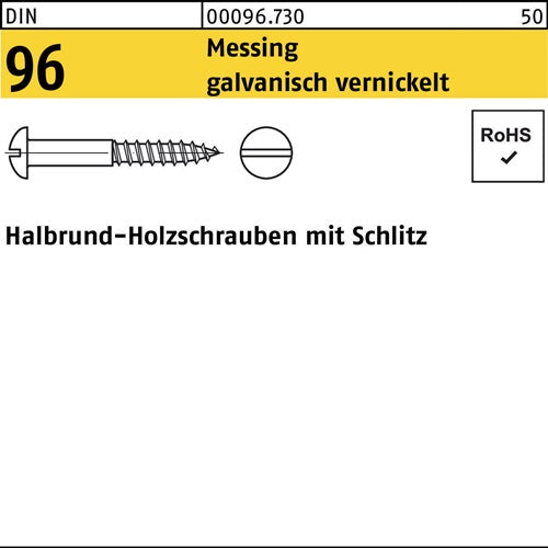 Holzschraube DIN 96 Halbrundkopf Schlitz 3 x 20 Messing galvanisch vernickelt 200 Stück
