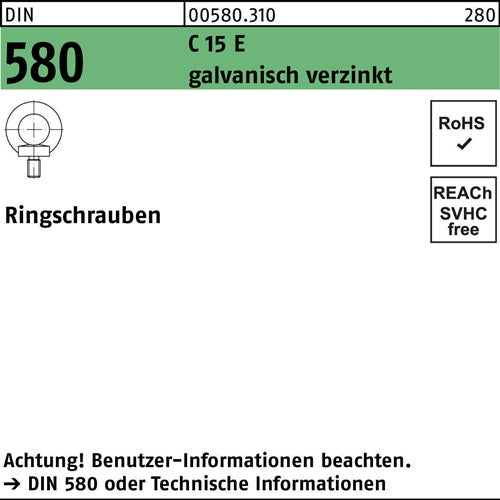 Ringschraube DIN 580 M 36 C 15 E galvanisch verzinkt galvanisch verzinkt 1 Stück