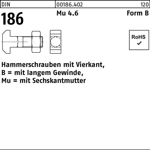 Hammerschraube DIN 186 Form B Vierkant m6-kantmutter BM 8 x 35 Mu 46 25 Stück