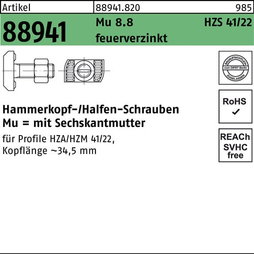 Hammerkopfschraube R 88941 HZS41/22 6ktmu M16x50 Mu88 feuerverz 25St HALFEN - VPE: 25