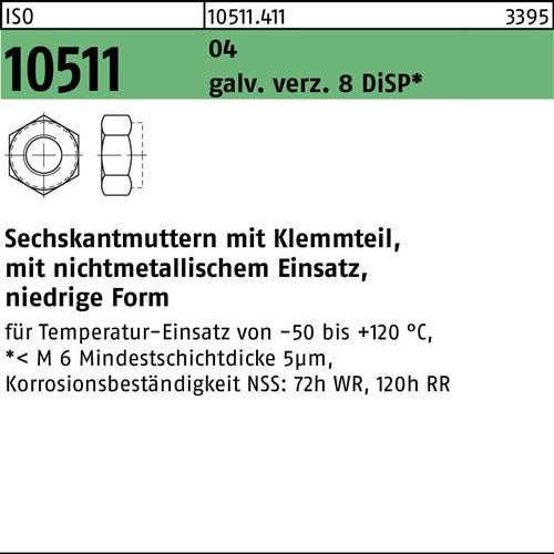 Sechskantmutter ISO 10511 Klemmteil M20 Automatenstahl galvverz 8 DiSP 50St - VPE: 50