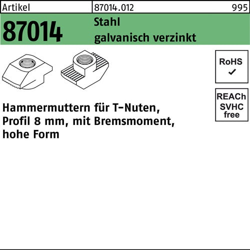 Hammerkopfmutter R 87014 mBremsmoment hoch 8mm M 5 Stahl galvanisch verzinkt 100 Stück