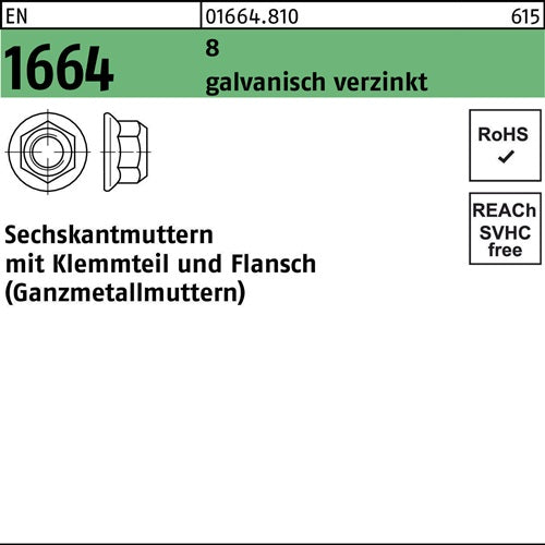 Sechskantmutter EN 1664 mKlemmteil/Flansch M 5 8 galvanisch verzinkt 100 Stück