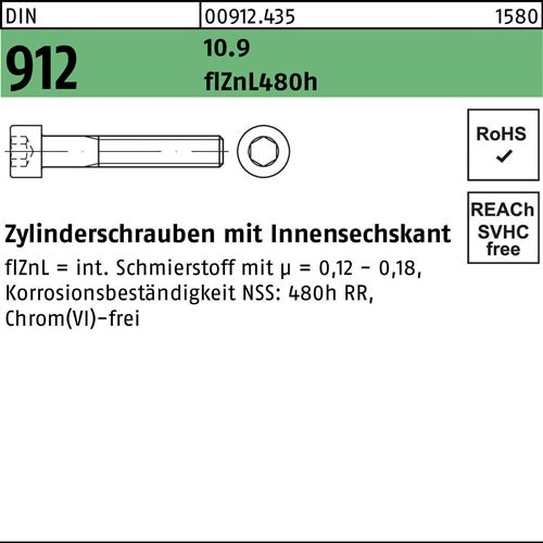 Zylinderschraube DIN 912 Innen-6kt M20x80 109 flZnL/nc/x/x/480h/C 25St - VPE: 25