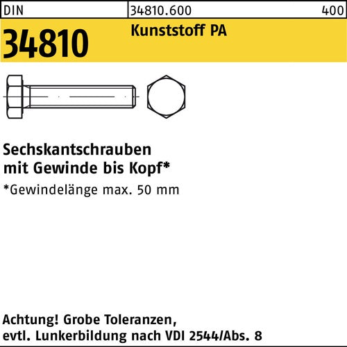 Sechskantschraube DIN 34810 VG M10x 50 Polyamid 200 Stück - VPE: 200
