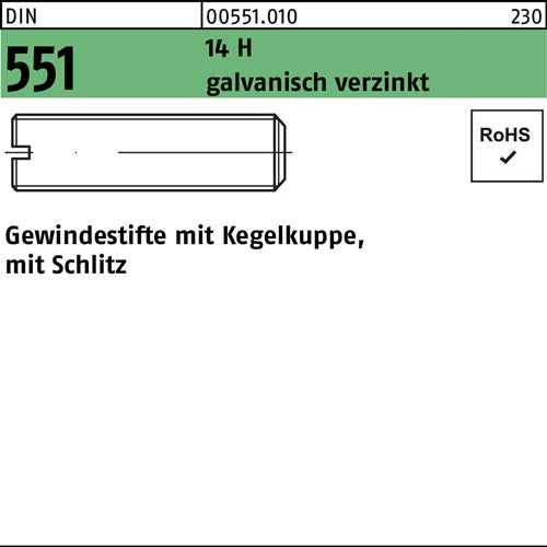 Gewindestift DIN 551 mKegelkuppe/Schlitz M 12 x 50 14 H galvanisch verzinkt 100 Stück