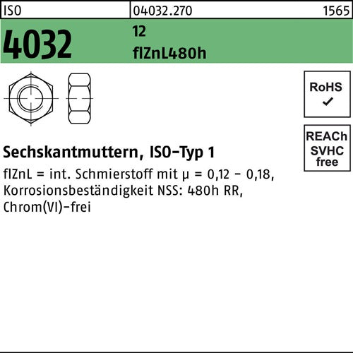 Sechskantmutter ISO 4032 M20 12 flZnL 480h zinklamellenb 50 Stück - VPE: 50