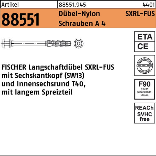 Langschaftdübel R 88551 SXRL 8x 80 FUS Schrauben A 4/Dübel-Nylon 50St FISCHER - VPE: 50