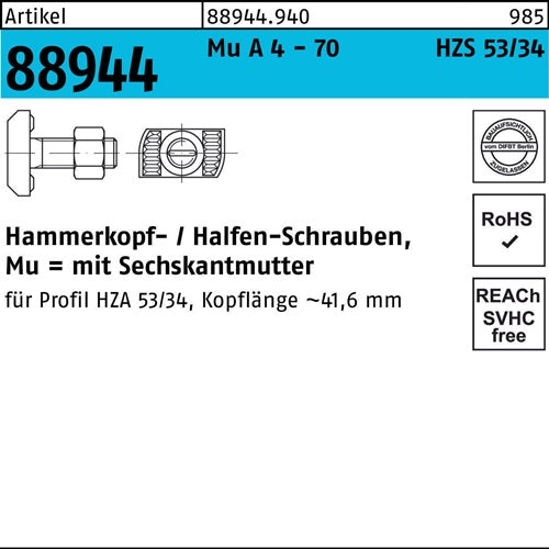 Hammerkopfschraube R 88944 6-ktmutter M16x 100 Mu A 4 - 70 25 Stück HALFEN - VPE: 25